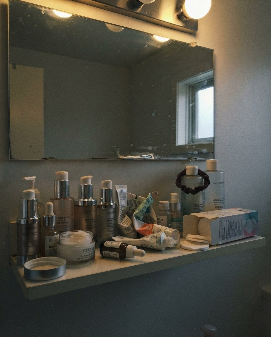 A crowded shelf of half-used skincare