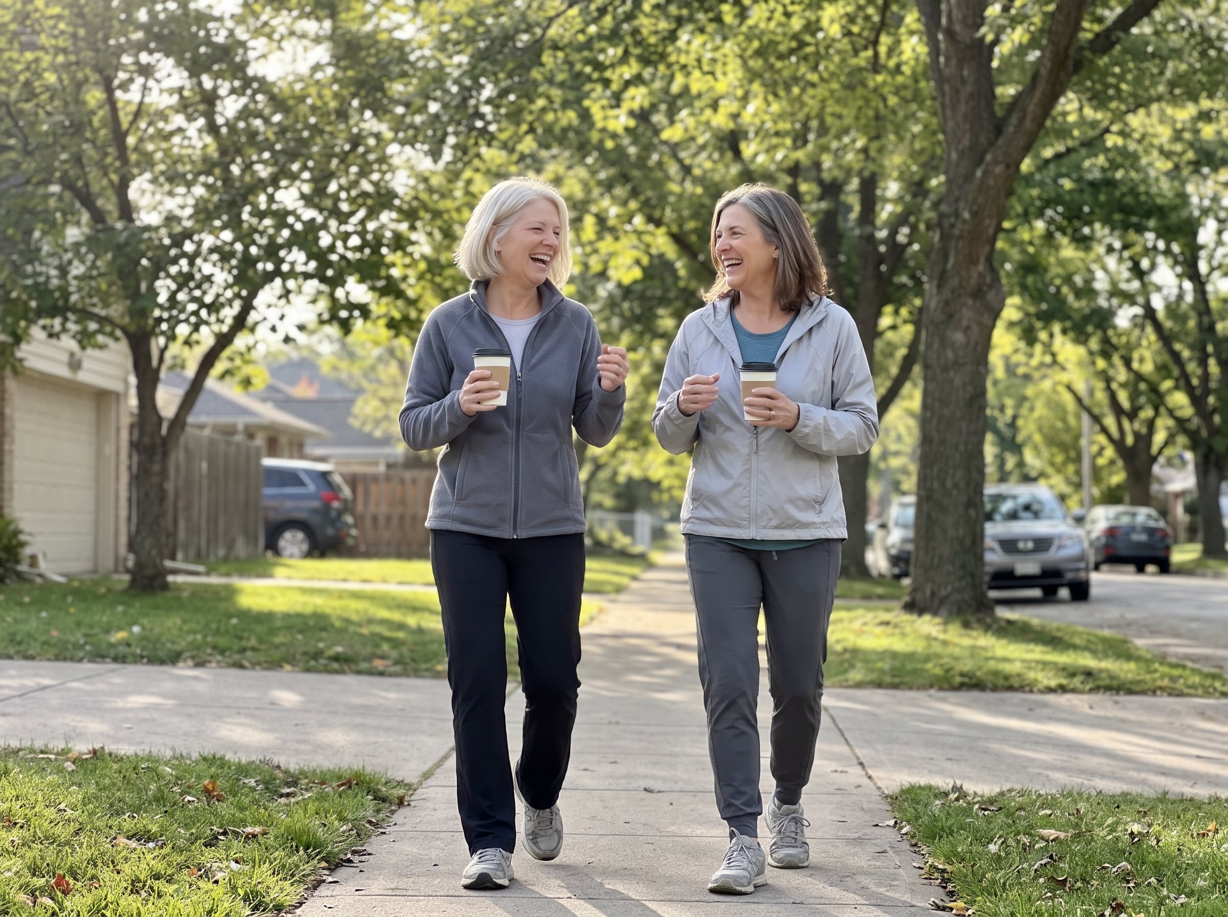 Women over 50 laughing on a morning walk