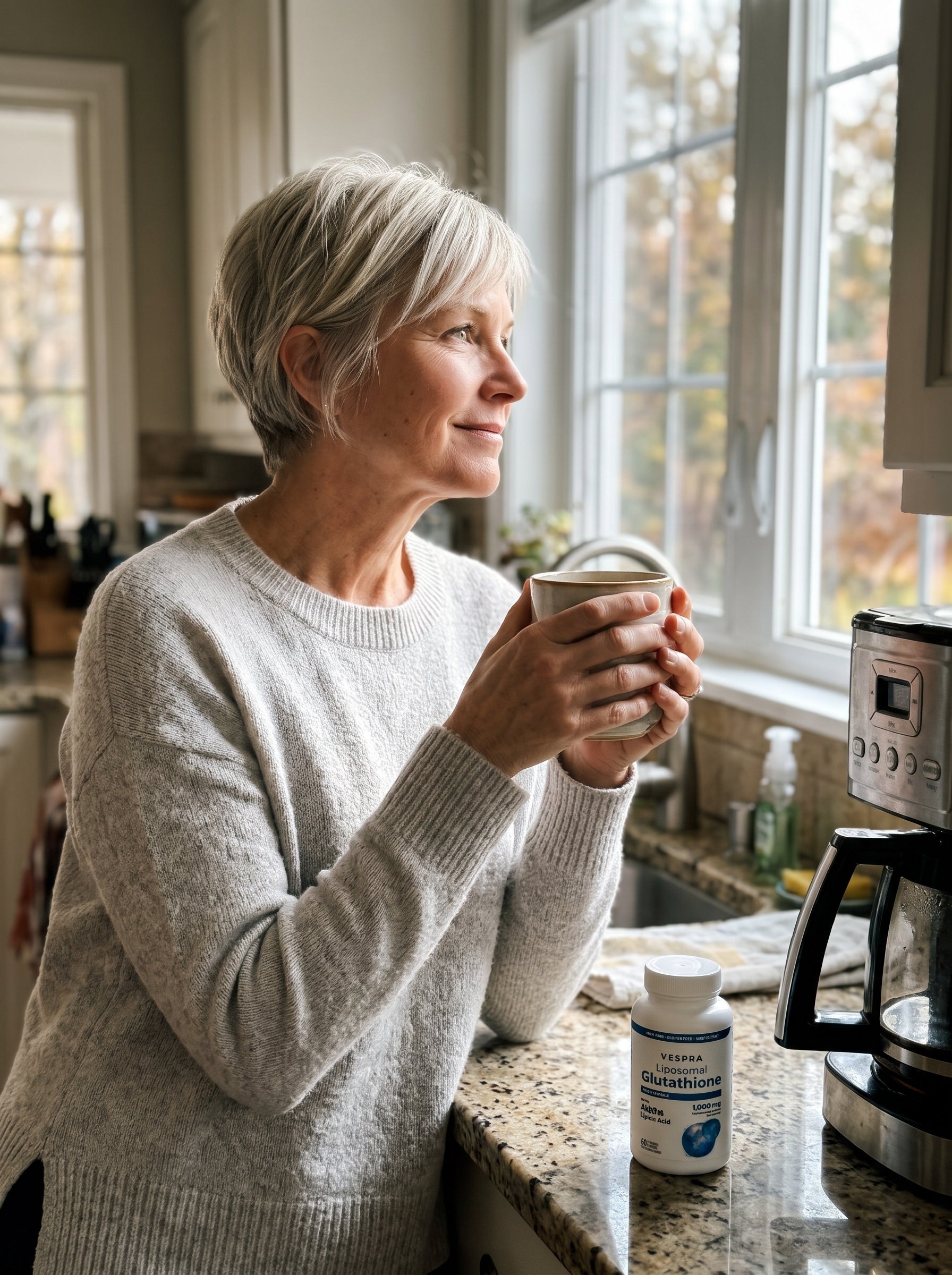 The same woman relaxed with her morning coffee