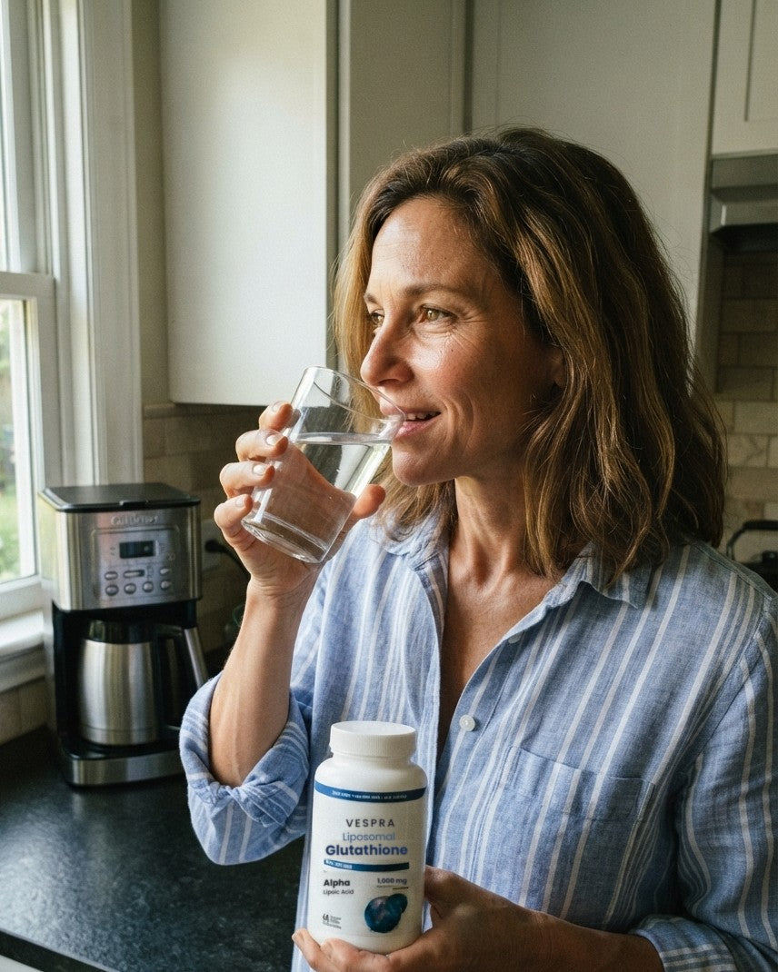 Woman taking Vespra in her kitchen