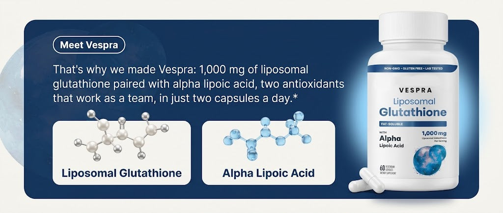 Meet Vespra: 1,000 mg liposomal glutathione paired with alpha lipoic acid, two capsules a day